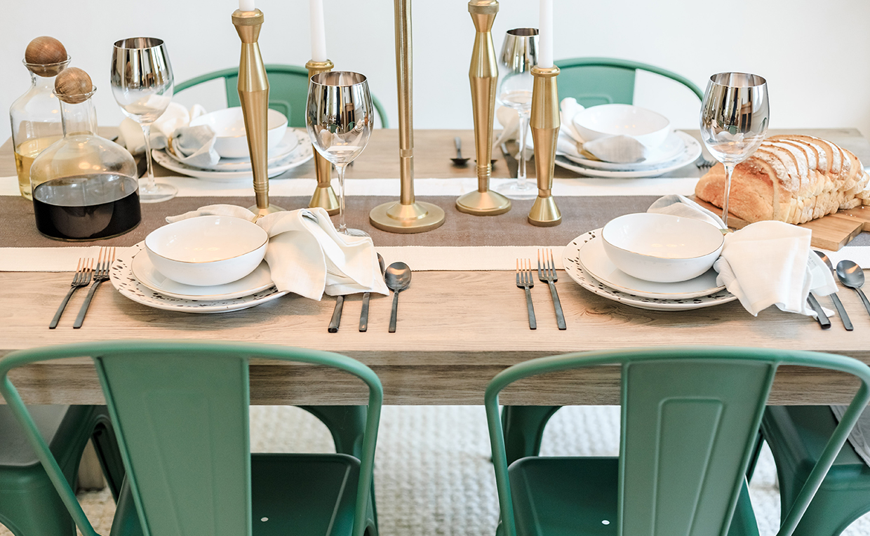 Blog3_1240x764_15.jpg Dining room table and chairs, cozy, entertaining, green chair, metal chair, dinner party, wood table
