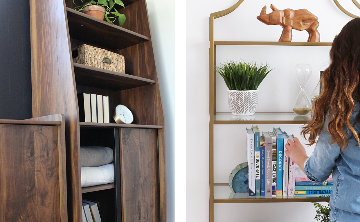 Blog_Storage_1240x764_03.jpg Midcentury Modern bookcase with doors, gold metal tower bookcase