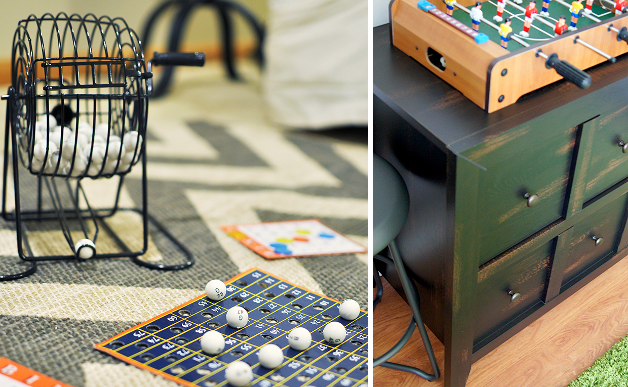 SmallSpaceEntertainingGames.jpg Have games like bingo and foosball for your guests when entertaining.