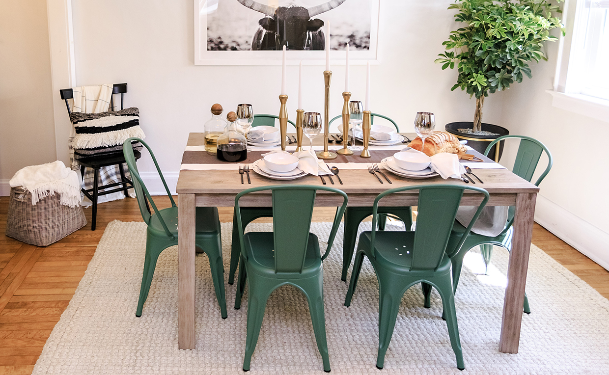 Blog3_1240x764_08.jpg Dining room table and chairs, cozy, entertaining, green chair, metal chair, dinner party