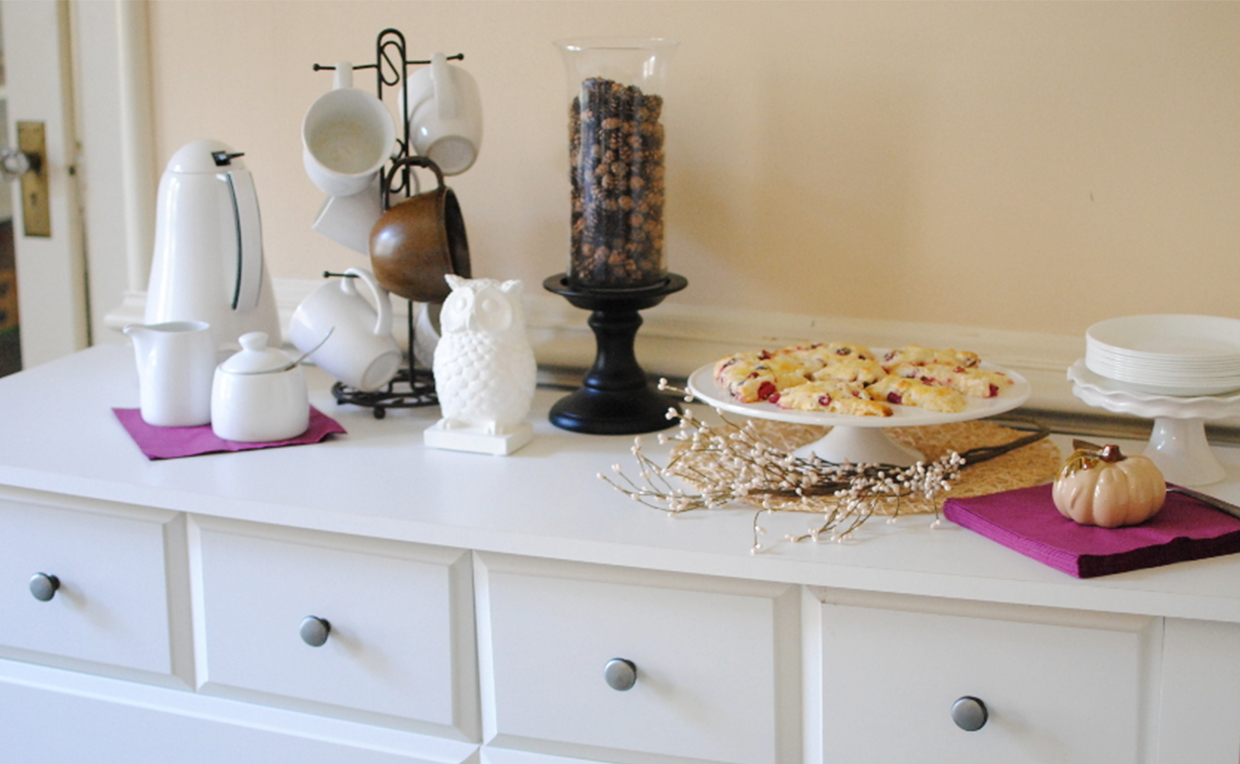 SmallSpaceEntertainingDresserBuffet.jpg Use furniture for different purposes, like a dresser as a breakfast buffet.