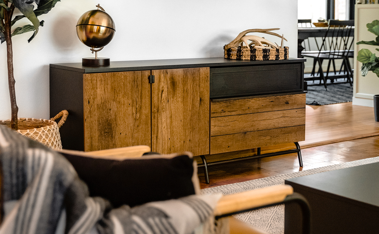 01_2.jpg Industrial style entertainment stand in Vintage Oak finish